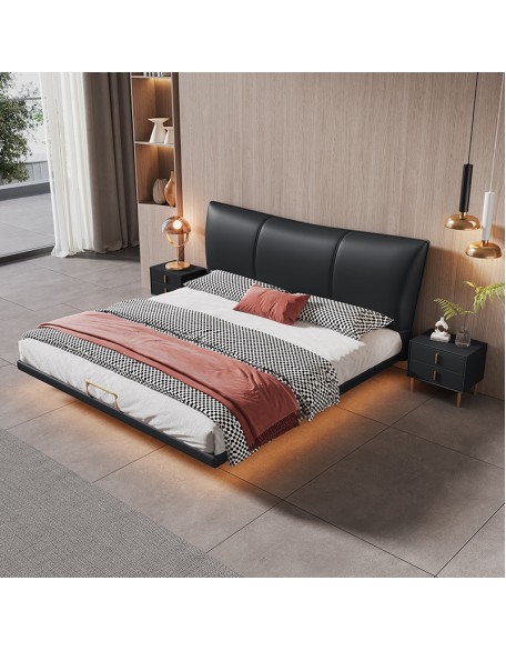 Italian-style floating bed, modern minimalist genuine leather bed