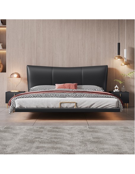 Italian-style floating bed, modern minimalist genuine leather bed