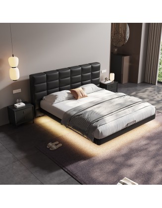 Genuine leather bed, vintage master bedroom, floating double bed