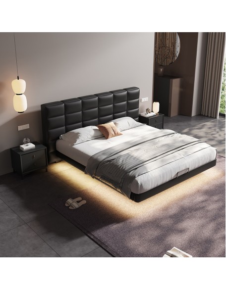 Genuine leather bed, vintage master bedroom, floating double bed