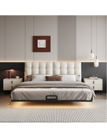 Luxury floating leather bed, double soft bed for master bedroom