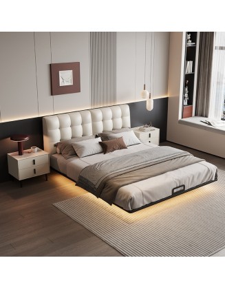 Luxury floating leather bed, double soft bed for master bedroom