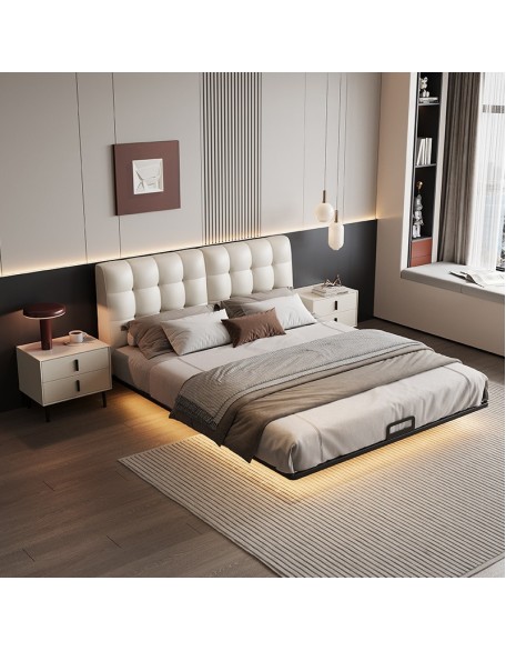 Luxury floating leather bed, double soft bed for master bedroom