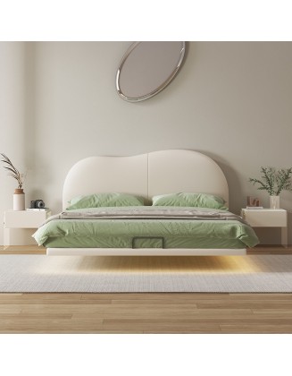 Suspended Bed Minimalist Leather Bed Cream-colored Large Bed