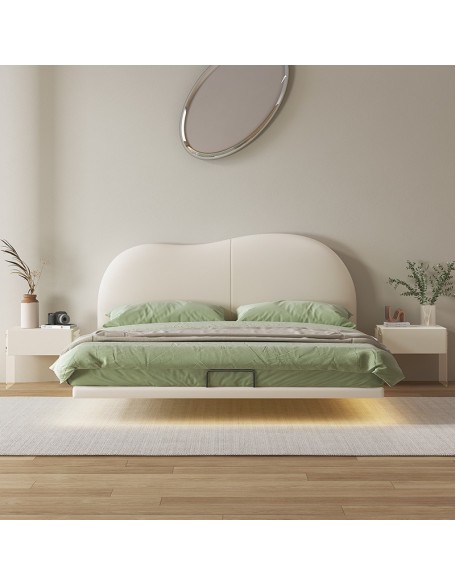Suspended Bed Minimalist Leather Bed Cream-colored Large Bed