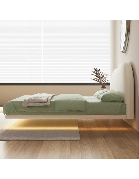 Suspended Bed Minimalist Leather Bed Cream-colored Large Bed