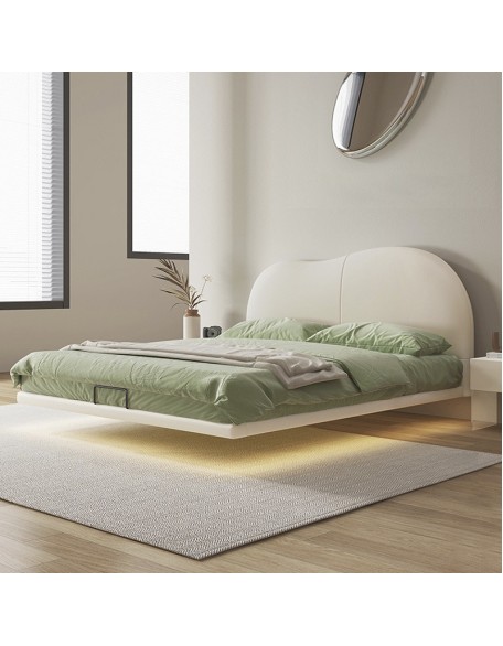 Suspended Bed Minimalist Leather Bed Cream-colored Large Bed