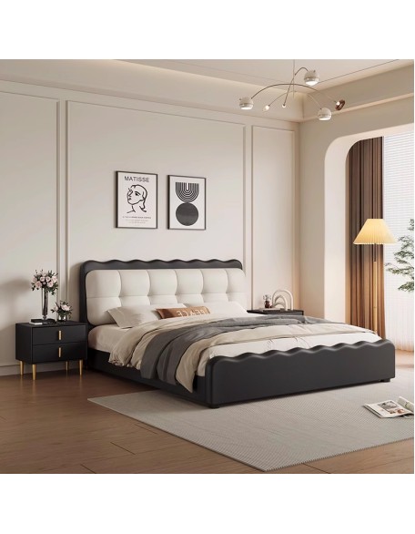 French vintage black puff bed genuine leather bed