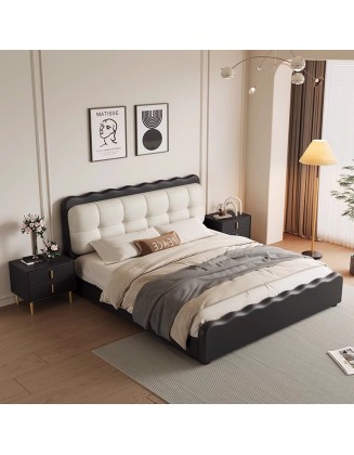 French vintage black puff bed genuine leather bed