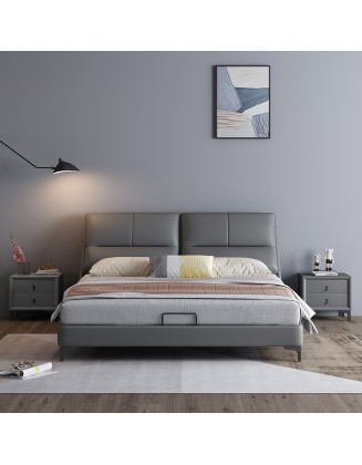 Genuine leather Italian minimalist leather double bed