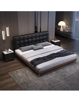 New genuine leather bed Modern waffle pattern leather bed