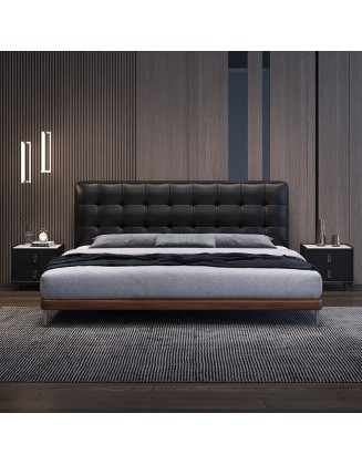 New genuine leather bed Modern waffle pattern leather bed