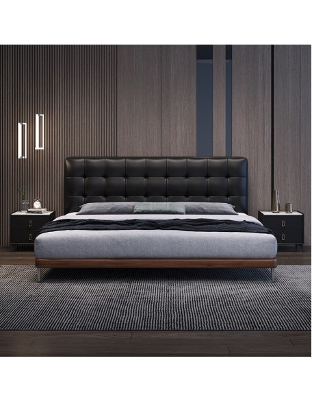 New genuine leather bed Modern waffle pattern leather bed