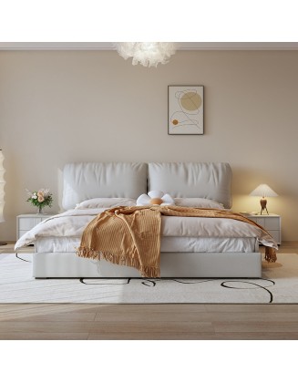 Cream-colored fabric bed with simple storage and double bed