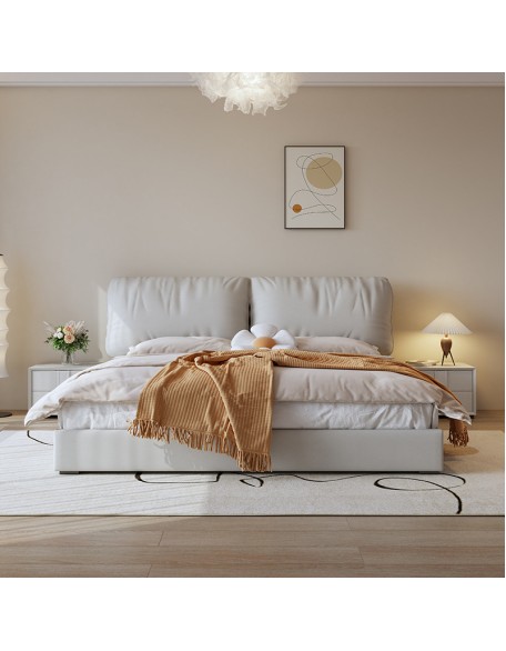 Cream-colored fabric bed with simple storage and double bed