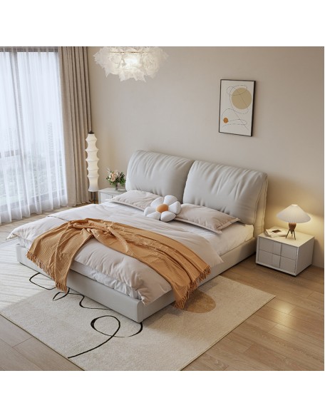 Cream-colored fabric bed with simple storage and double bed