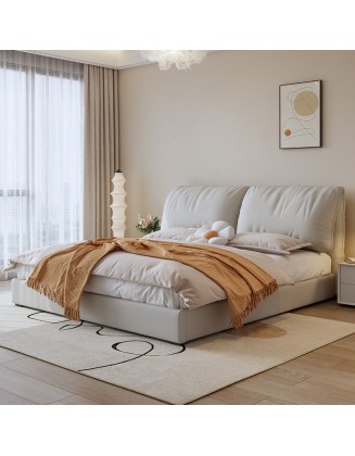 Cream-colored fabric bed with simple storage and double bed