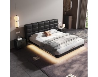Genuine leather bed, vintage master bedroom, floating double bed