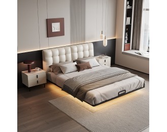 Luxury floating leather bed, double soft bed for master bedroom