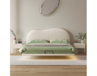 Suspended Bed Minimalist Leather Bed Cream-colored Large Bed